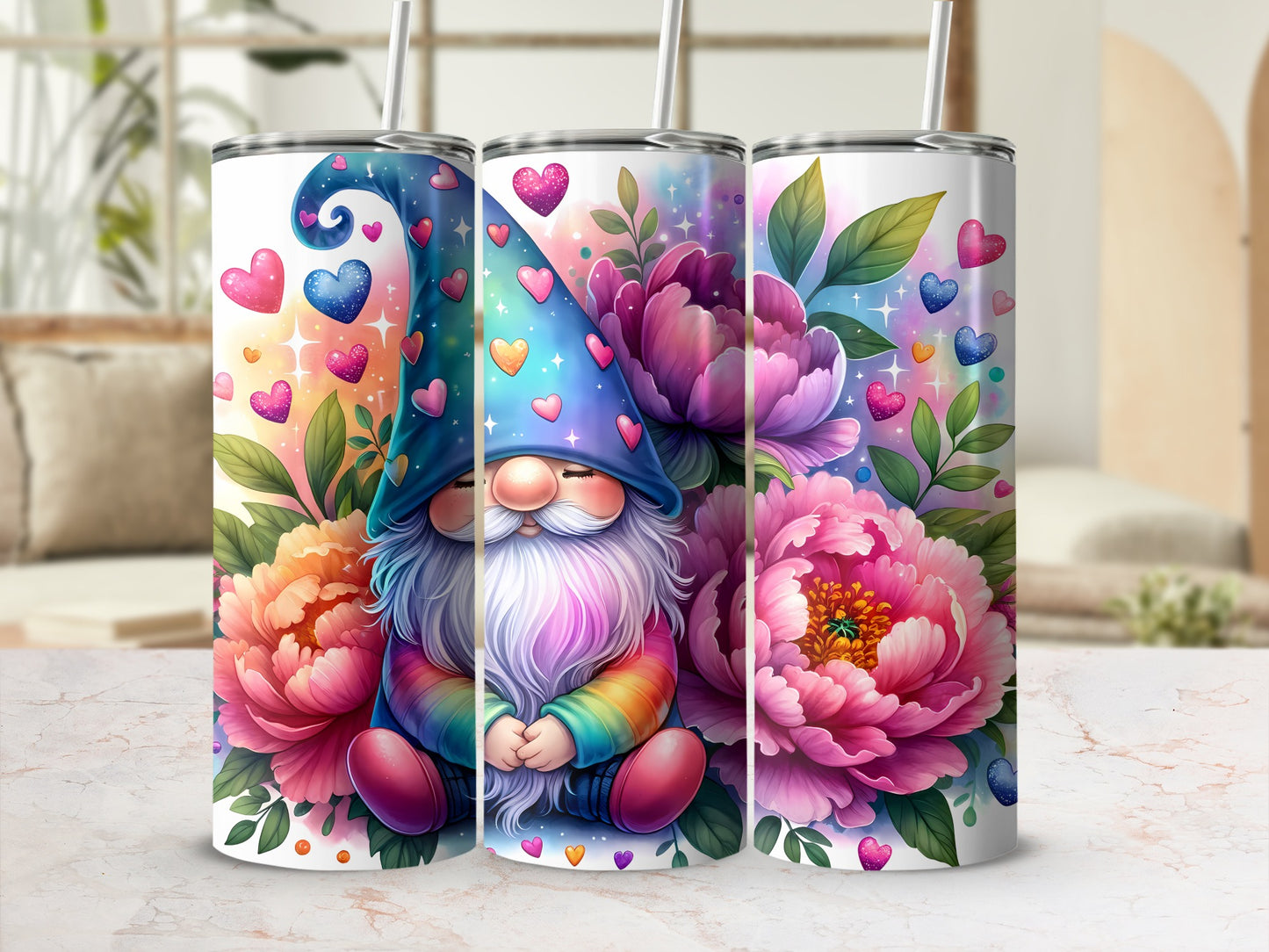 Gnome with colorful hearts and peonies on a skinny tumbler.