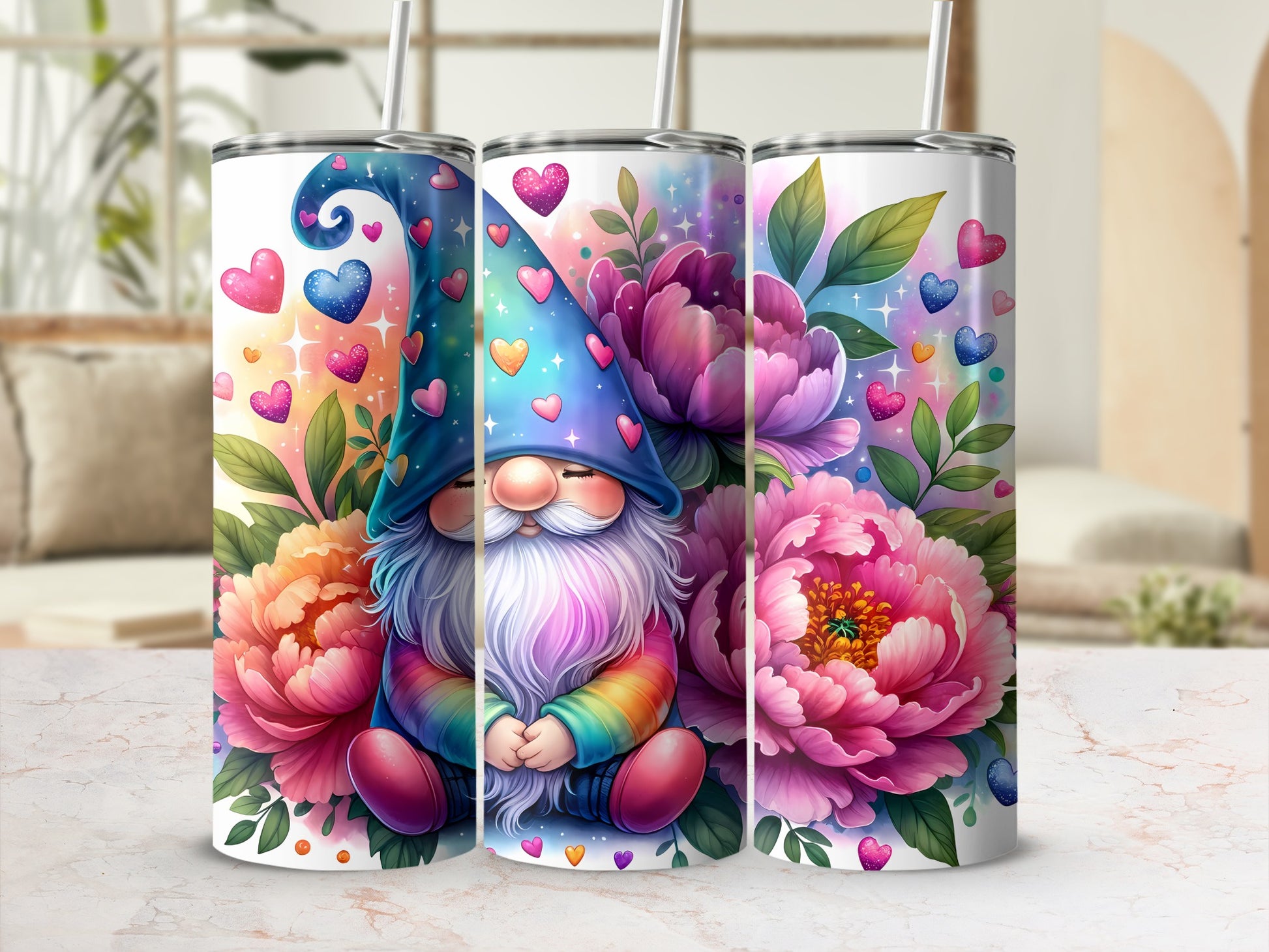 Gnome with colorful hearts and peonies on a skinny tumbler.