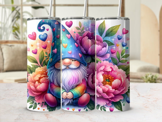 Gnome with colorful hearts and peonies on a skinny tumbler.
