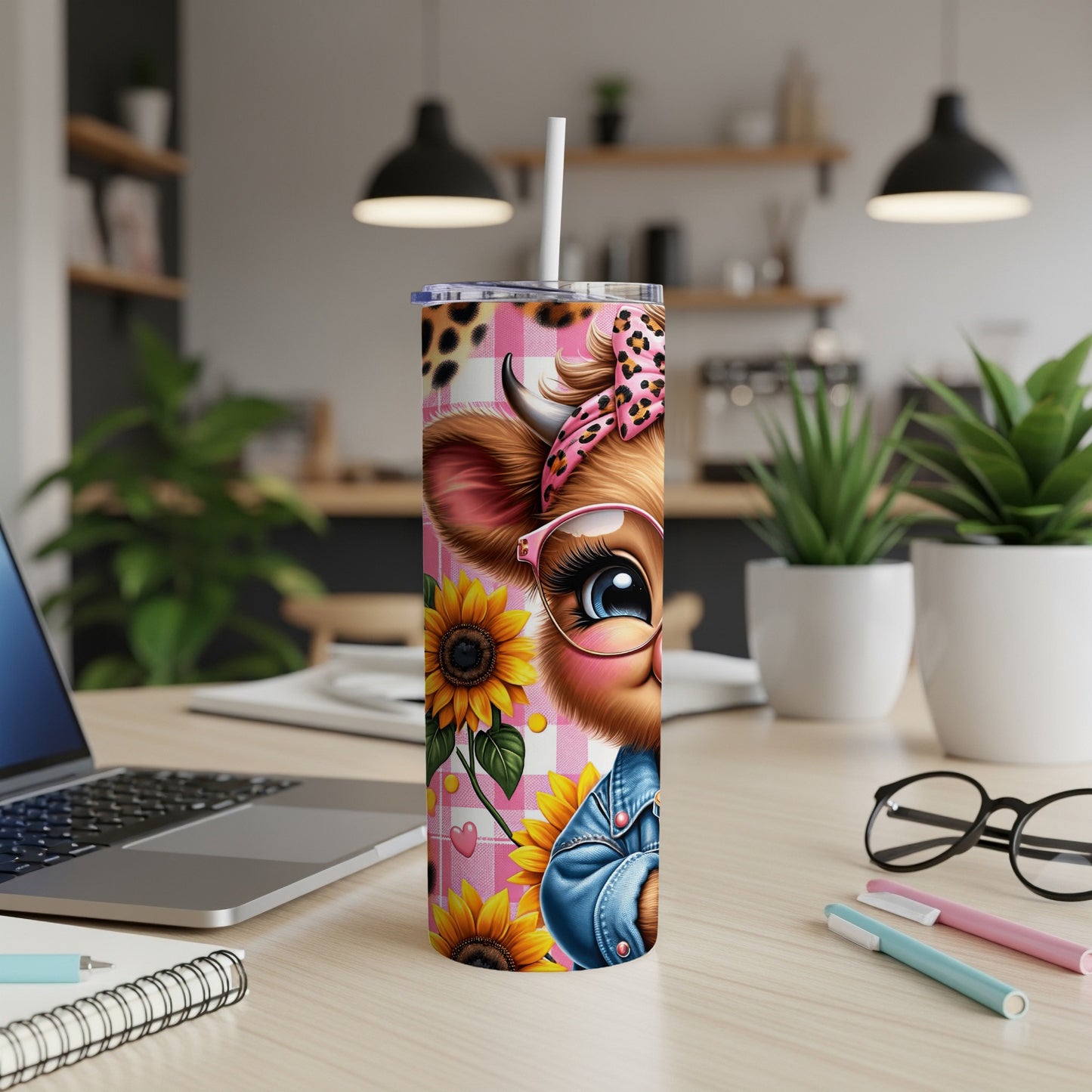 Pink plaid tumbler with cartoon cow, sunflowers, and straw.