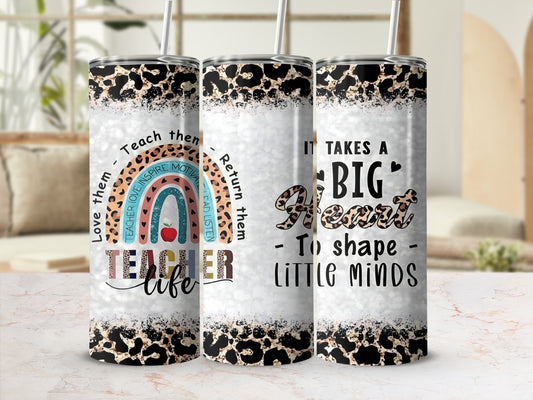 Teacher tumbler with leopard print, rainbow apple, and inspirational text.