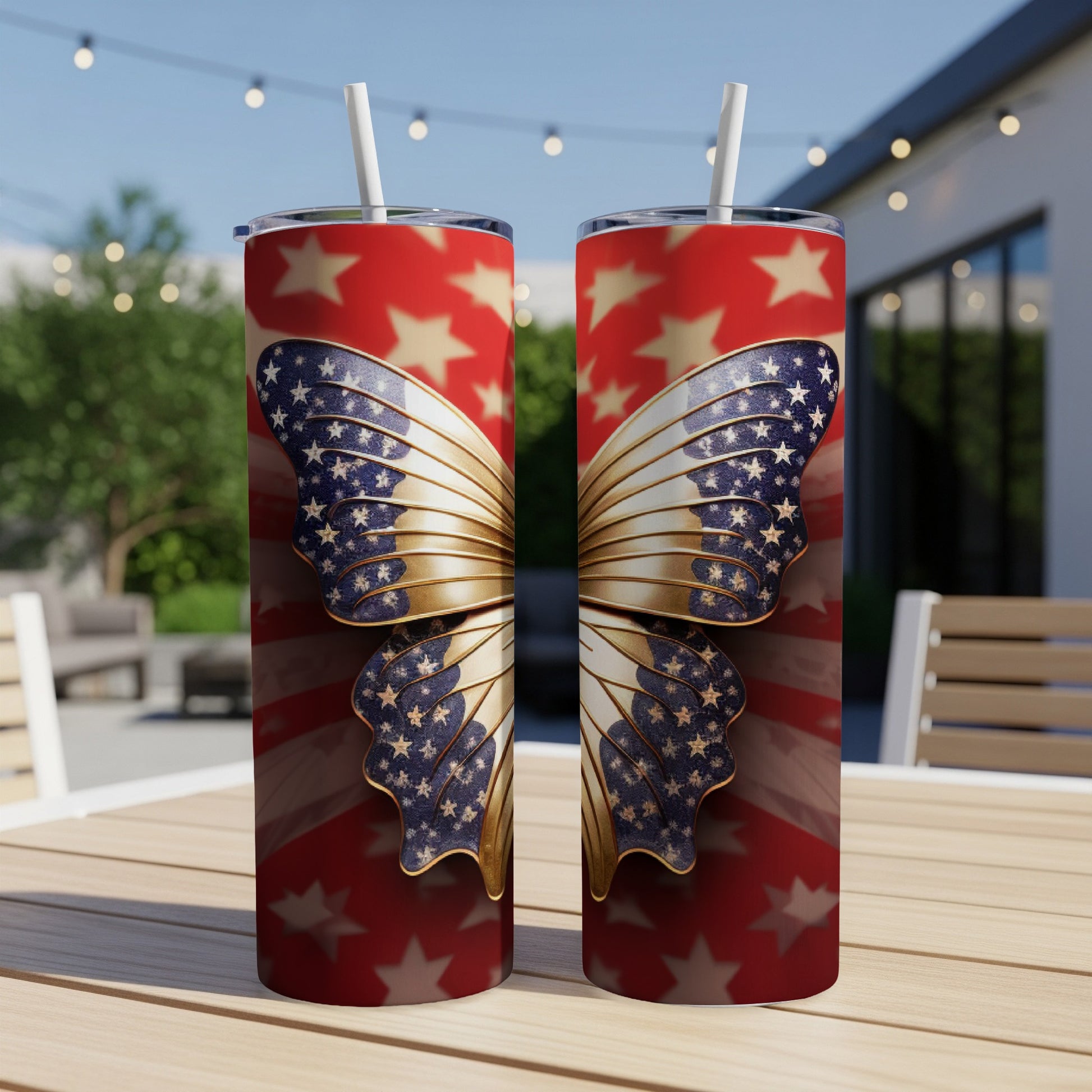 Two tumblers with a patriotic butterfly design and American flag pattern.