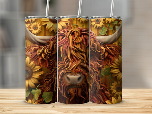 Highland cow with sunflowers design on a 20oz tumbler.