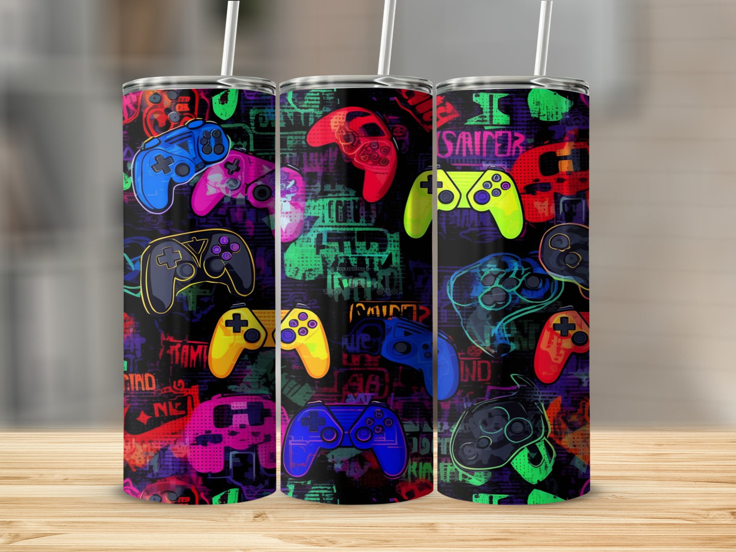 Tumbler with neon video game controllers and graffiti pattern.
