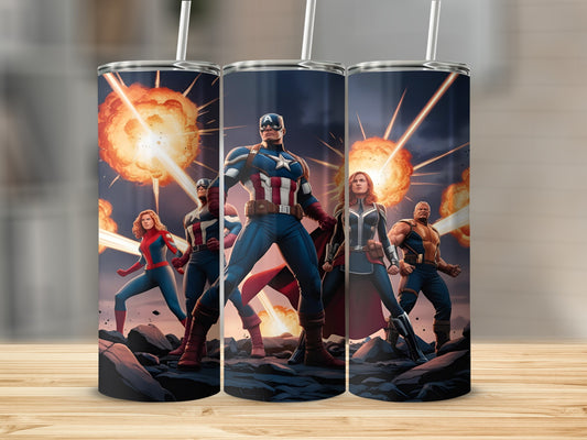 Captain America and Marvel heroes stand against explosions.