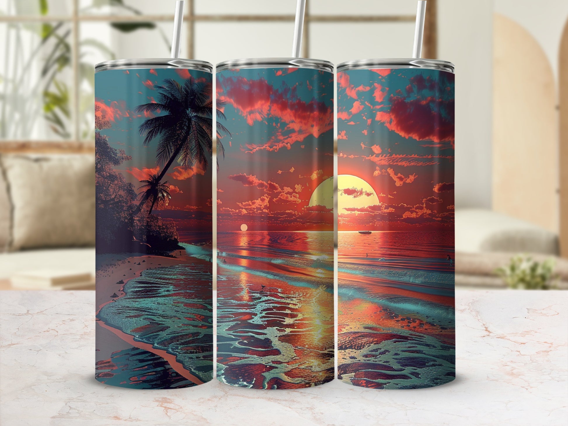 Triptych tumbler with tropical sunset beach scene and palm trees.