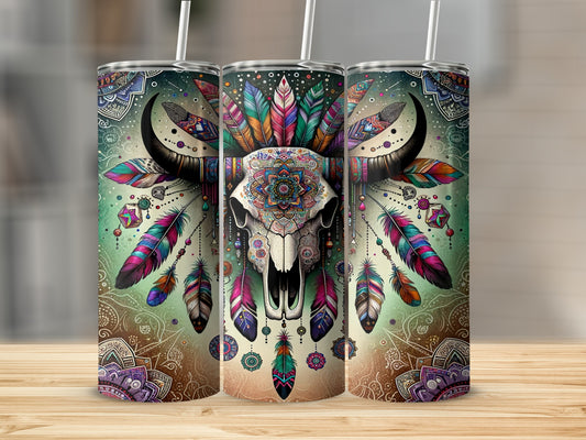 Boho bull skull with feathers and mandala designs on three tumblers.