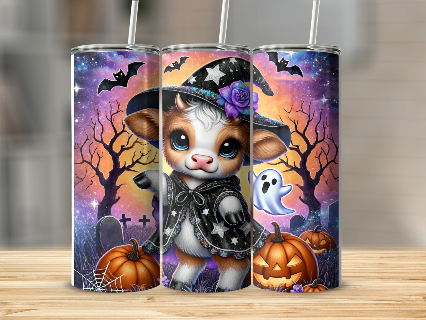 Halloween cow with pumpkins and ghost on a colorful starry background.