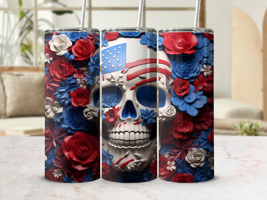 Skull tumbler with American flag and floral design.