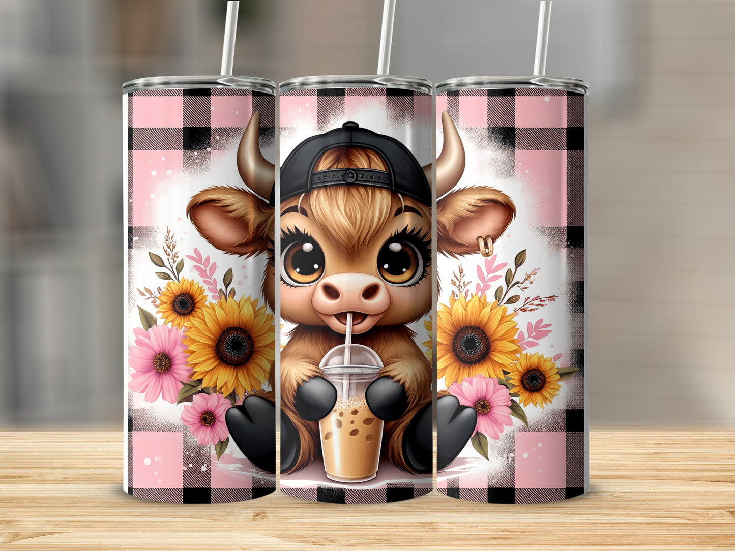 Cute cartoon cow wearing a black cap, holding a coffee cup, surrounded by sunflowers.