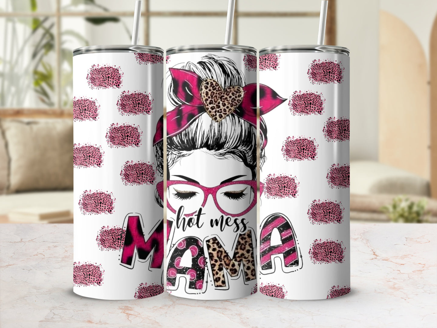 Hot Mess Mama Leopard Print Skinny Tumbler Cup