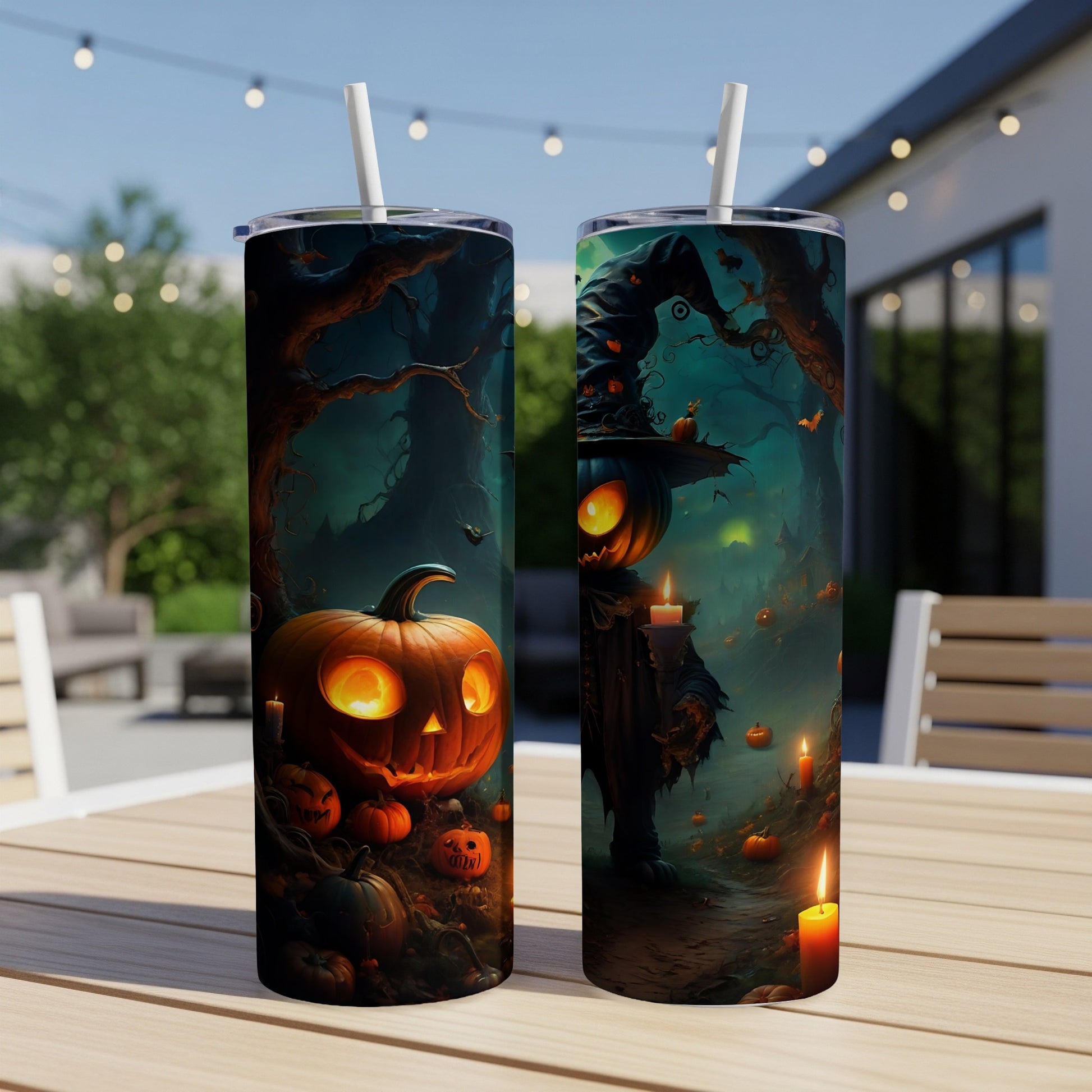 Two tumblers with Halloween art featuring pumpkins, a scarecrow, and a spooky scene.