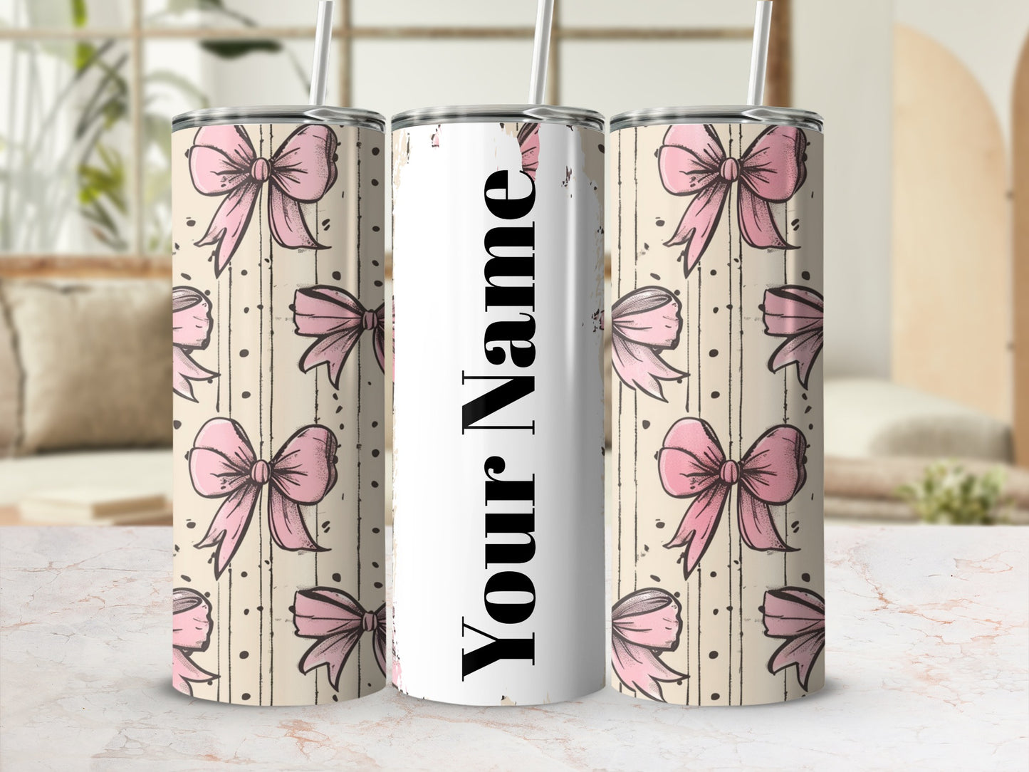 Personalized Pink Bows and Polka Dots Tumbler Cup