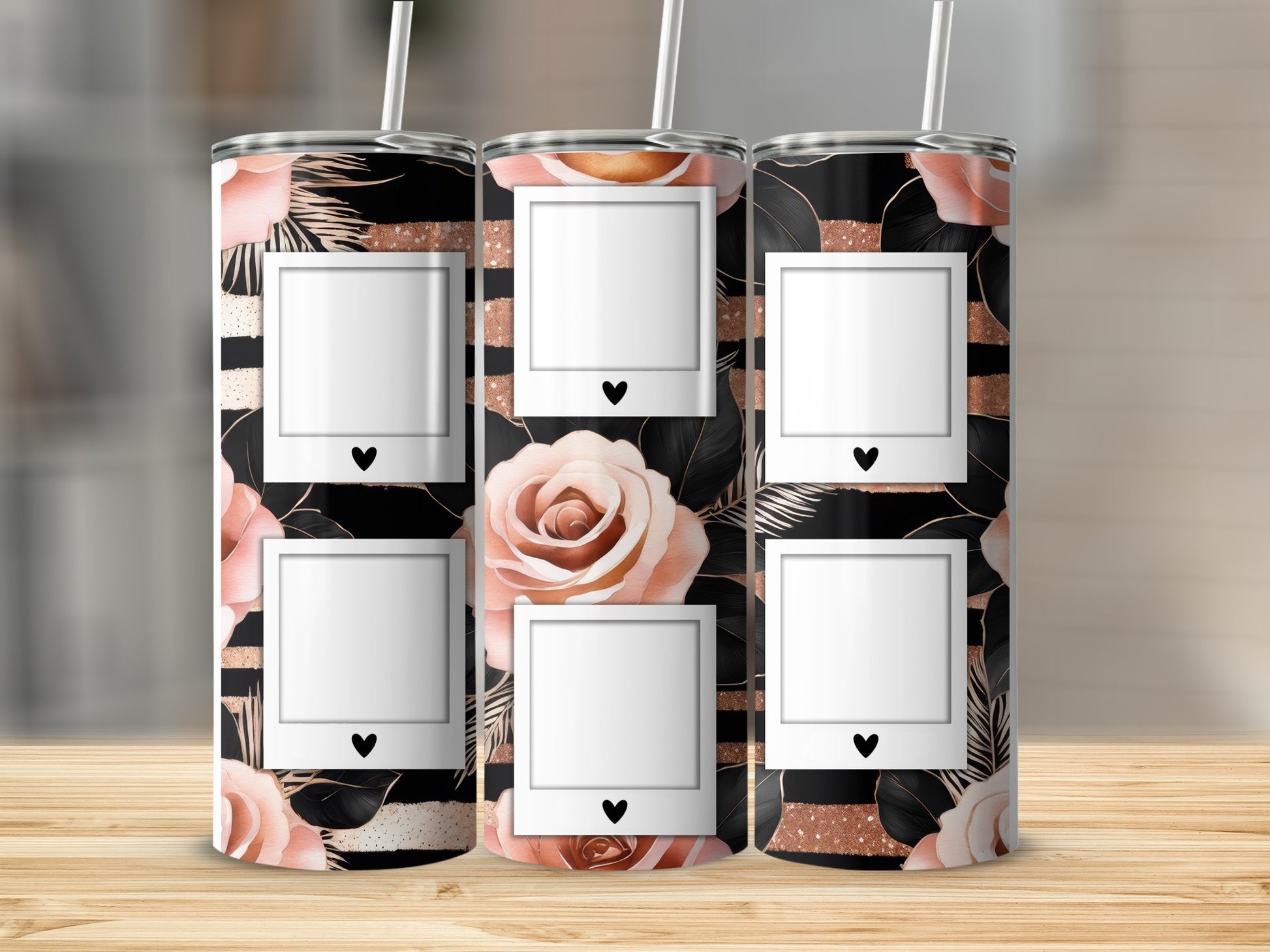Collage of three tumblers with floral pattern and photo frames.
