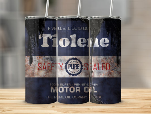 Tiolene Motor Oil can with vintage safety seal and text.