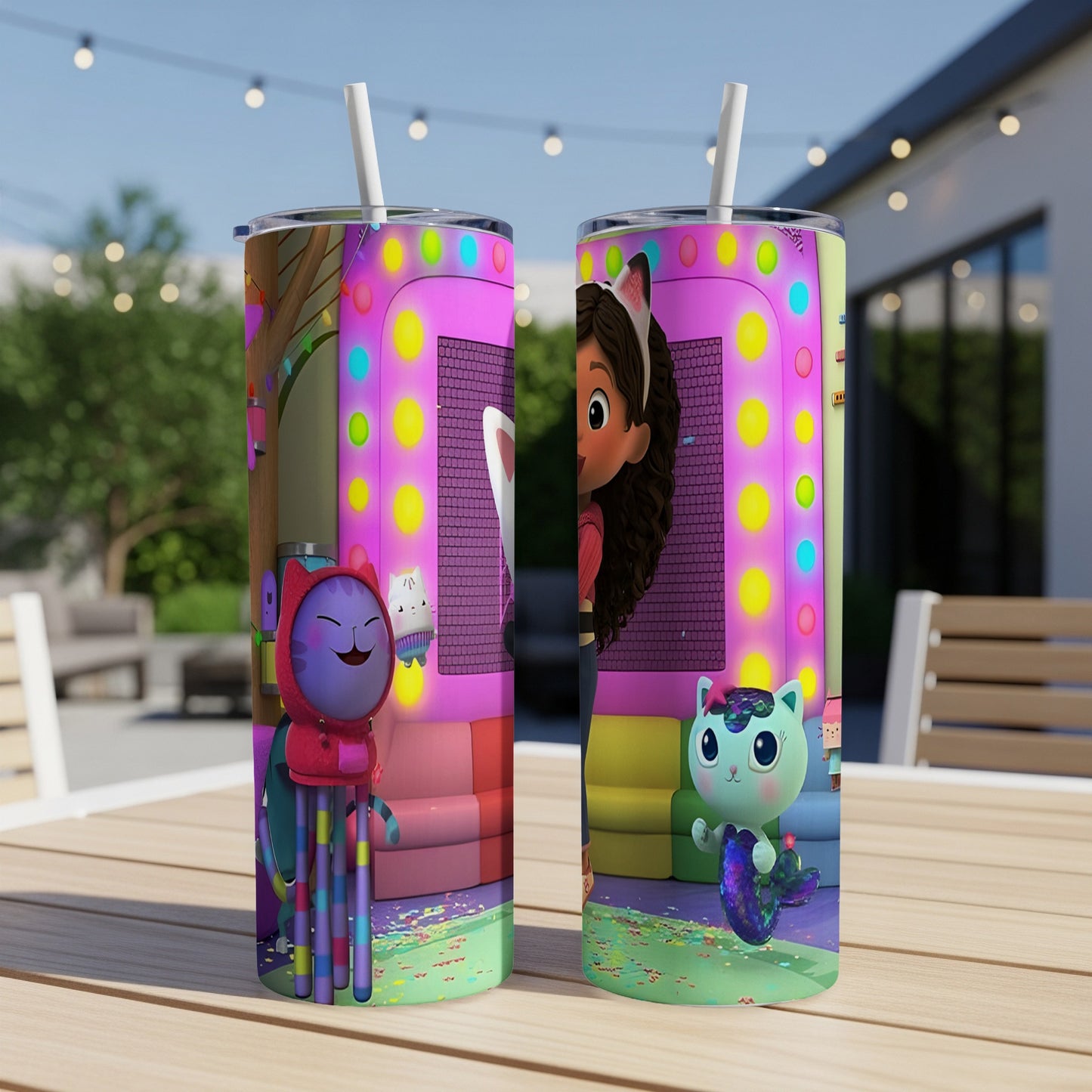 Gabby's Dollhouse characters Pandy Paws and Kitty Fairy on two tumblers.