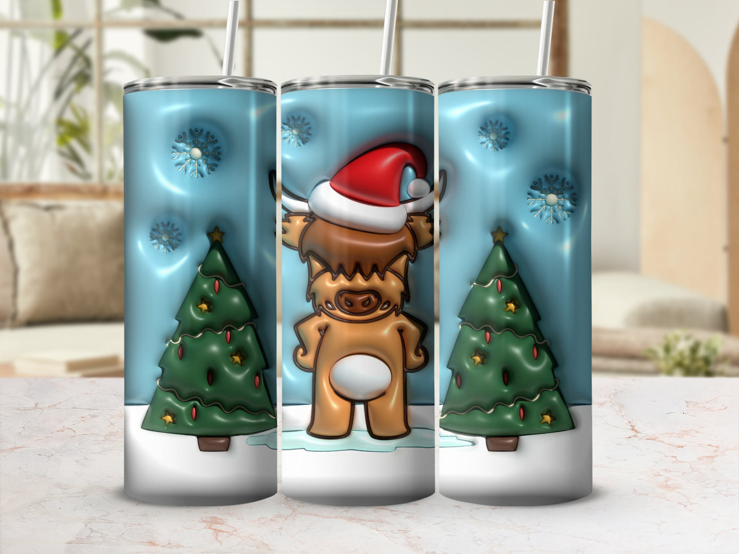 Christmas Themed Tumblers Featuring Cute Reindeer and Trees