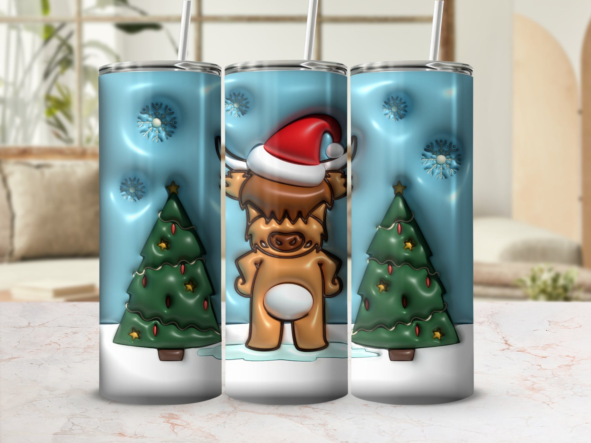 Christmas Themed Tumblers Featuring Cute Reindeer and Trees
