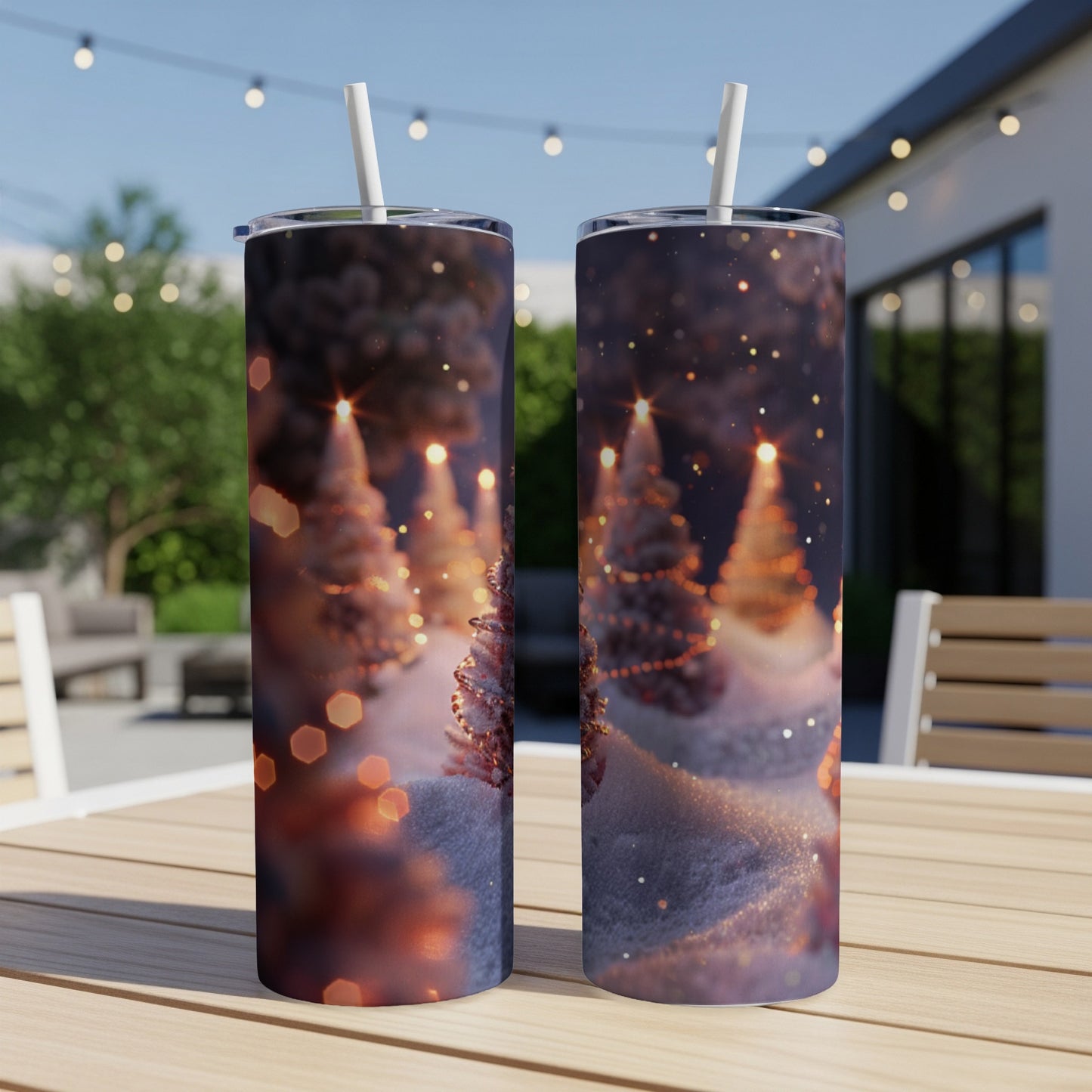 Two tumblers with a festive snowy forest scene and bokeh lights.