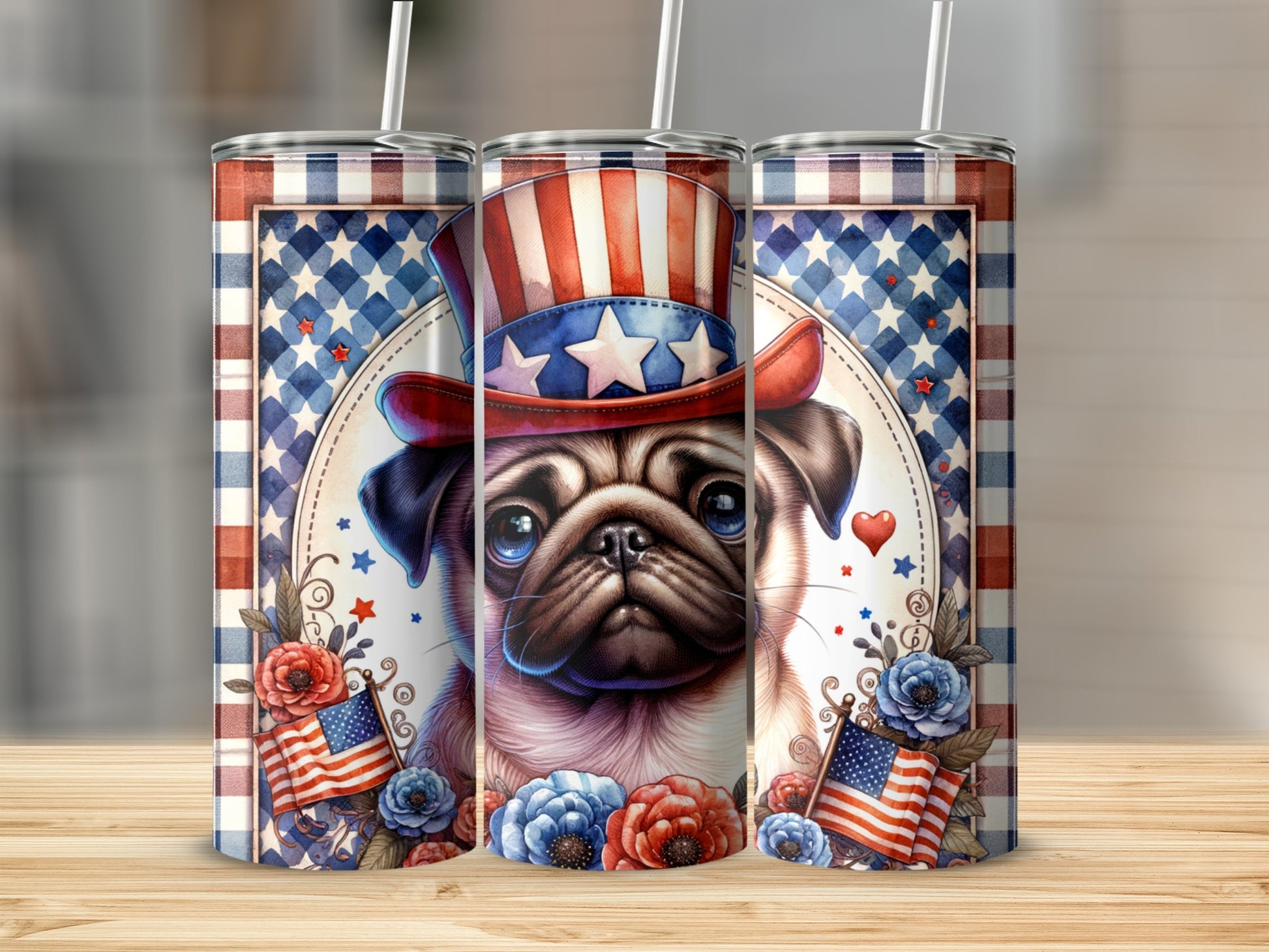 Pug wearing Uncle Sam hat with American flags and flowers.