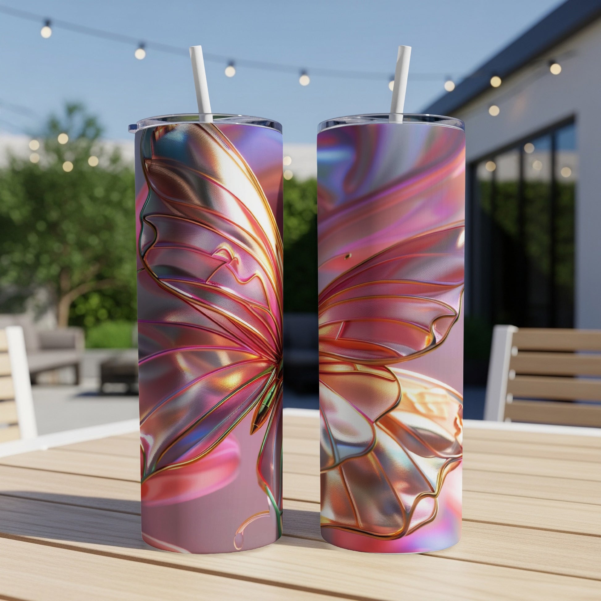 Two iridescent tumblers with butterfly wing designs sit on a wooden table.