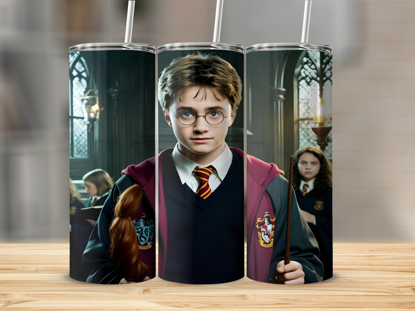 Harry Potter with wand and Gryffindor scarf and uniform.