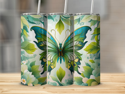Three tumblers with a green and blue butterfly and floral design.