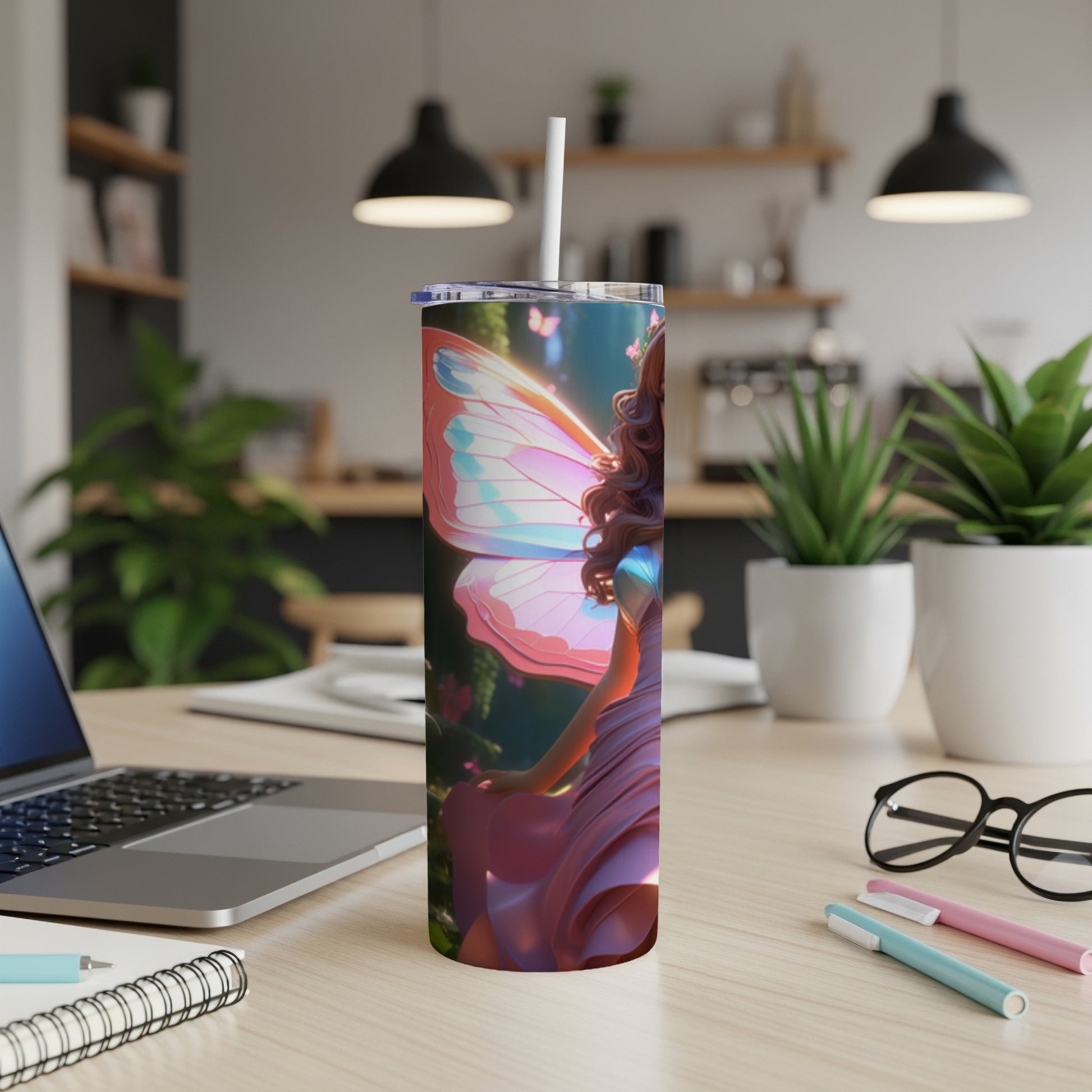 Fairy wearing a pink dress with butterfly wings on a tumbler in a home office.