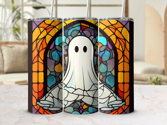 Ghost stained glass tumbler with colorful mosaic patterns.