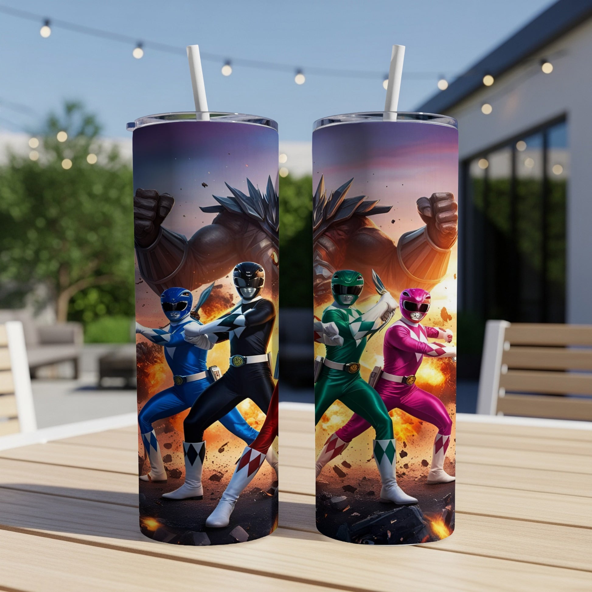 Two Power Rangers tumblers with Power Rangers characters and monster in the background.