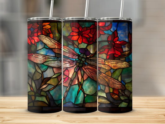 Three tumblers featuring stained glass dragonfly and floral art.