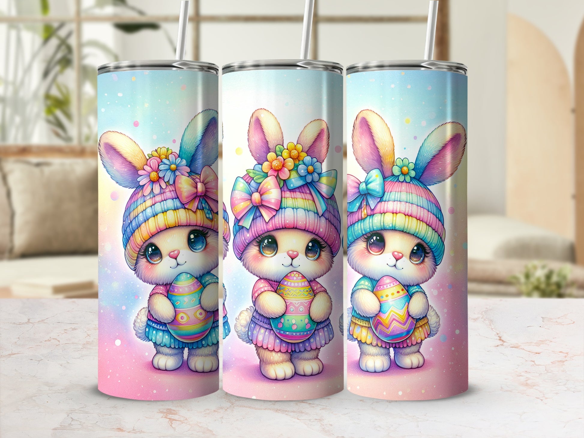 Three cartoon Easter bunnies in colorful outfits holding decorated eggs.