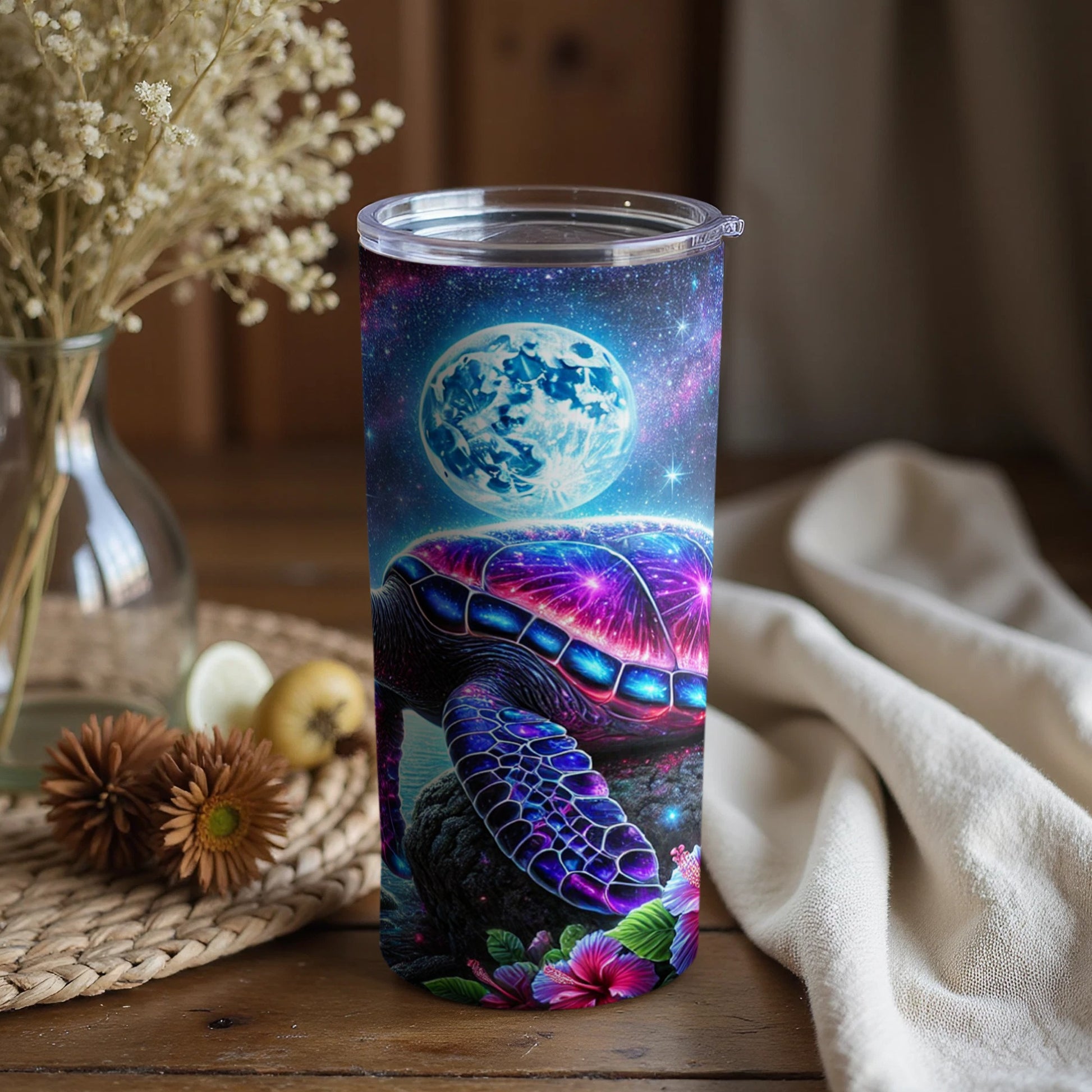 Vibrant Cosmic Turtle Travel Mug with Floral Accents