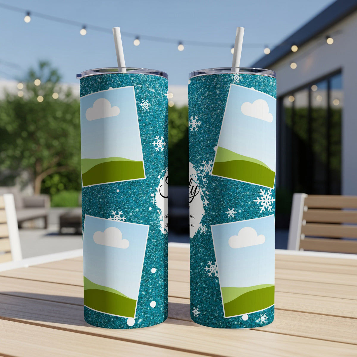 Teal glitter tumblers with customizable photo frames, clouds, and snowflakes.