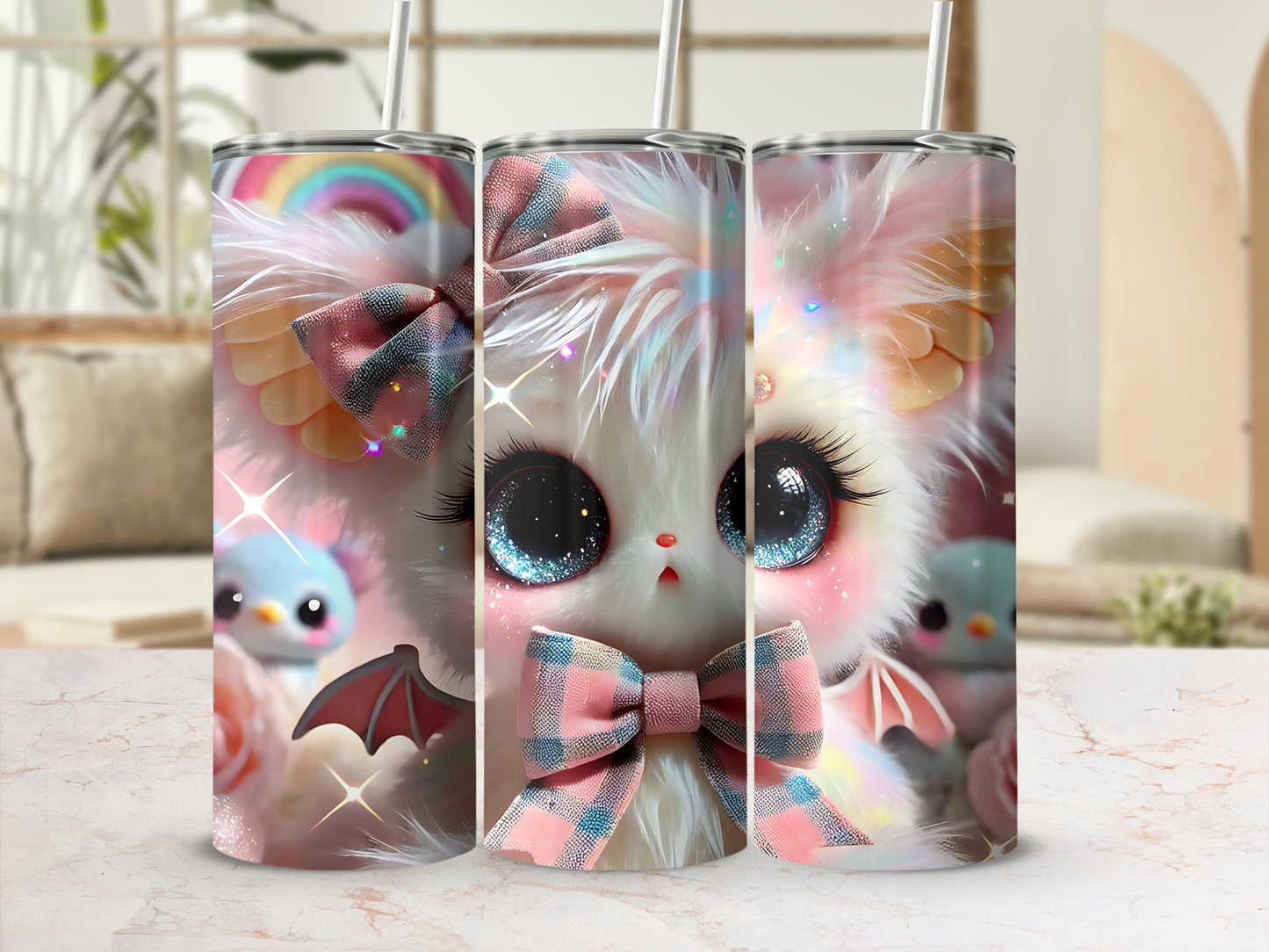 Cute fluffy kitten with large blue eyes and pink bow on a tumbler.
