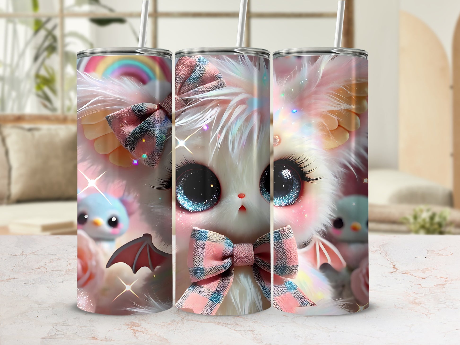 Cute fluffy kitten with large blue eyes and pink bow on a tumbler.