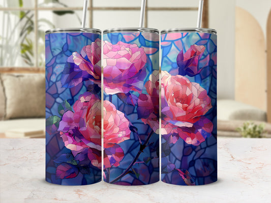 Three tumblers with a stained-glass rose pattern.