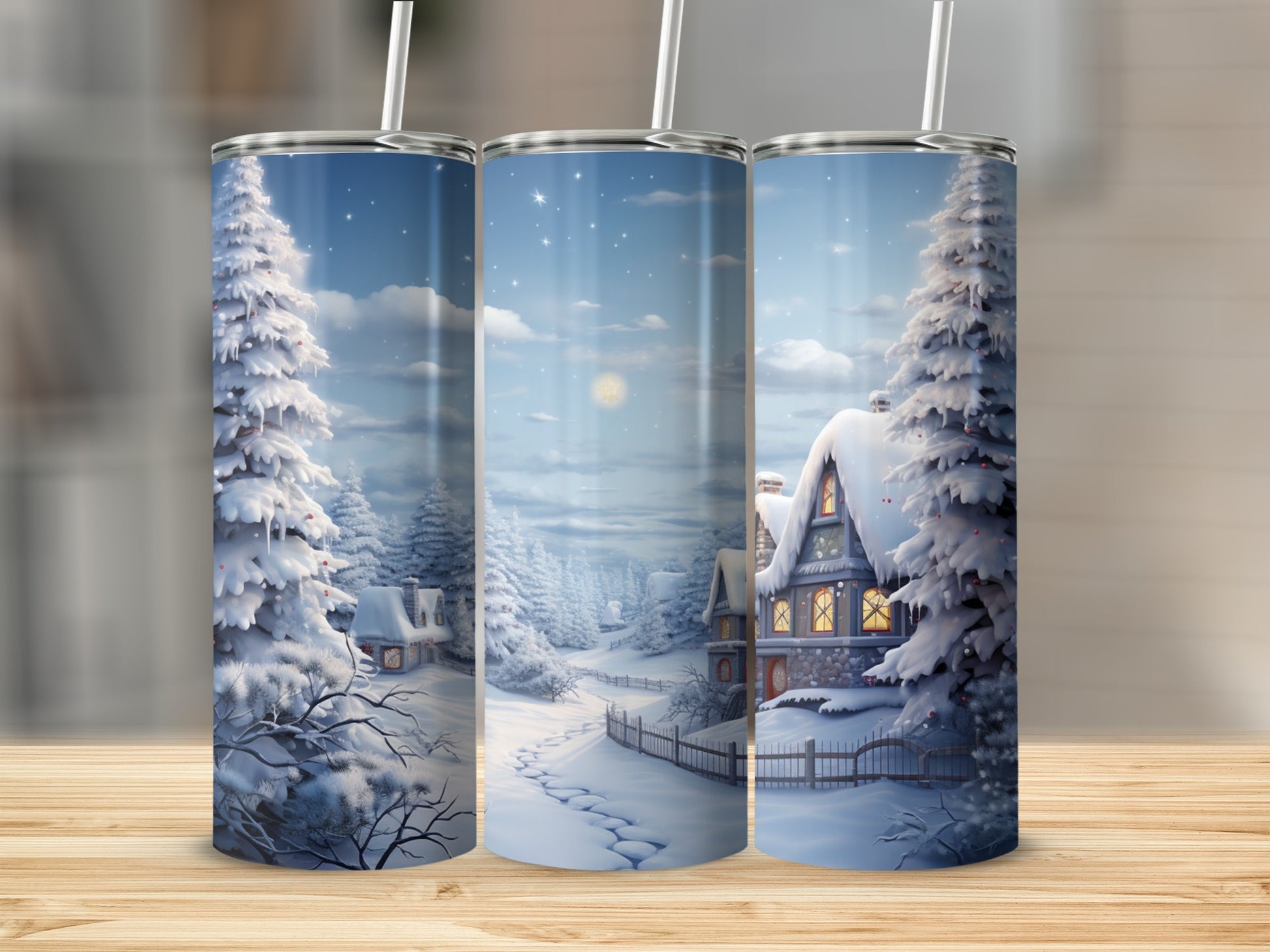 Winter village scene with snow-covered houses and pine trees.