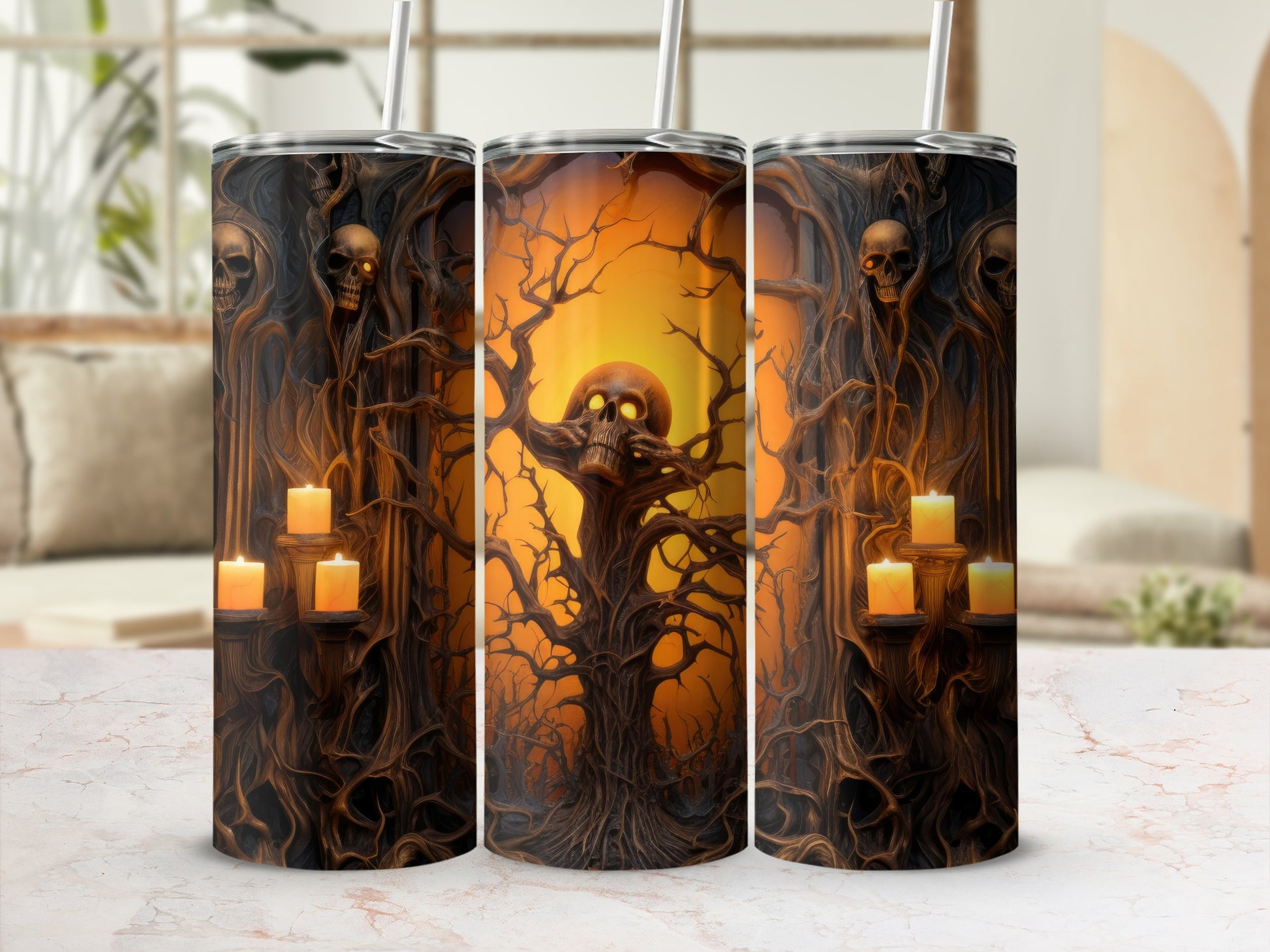 Tumblers with Halloween design of skulls, spooky trees, and lit candles.
