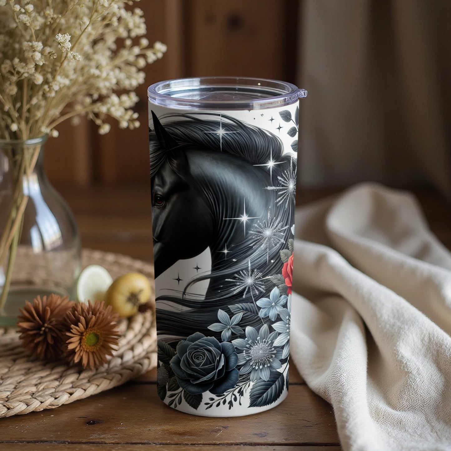 Black Horse and Floral Design Tumbler with Lid Cup