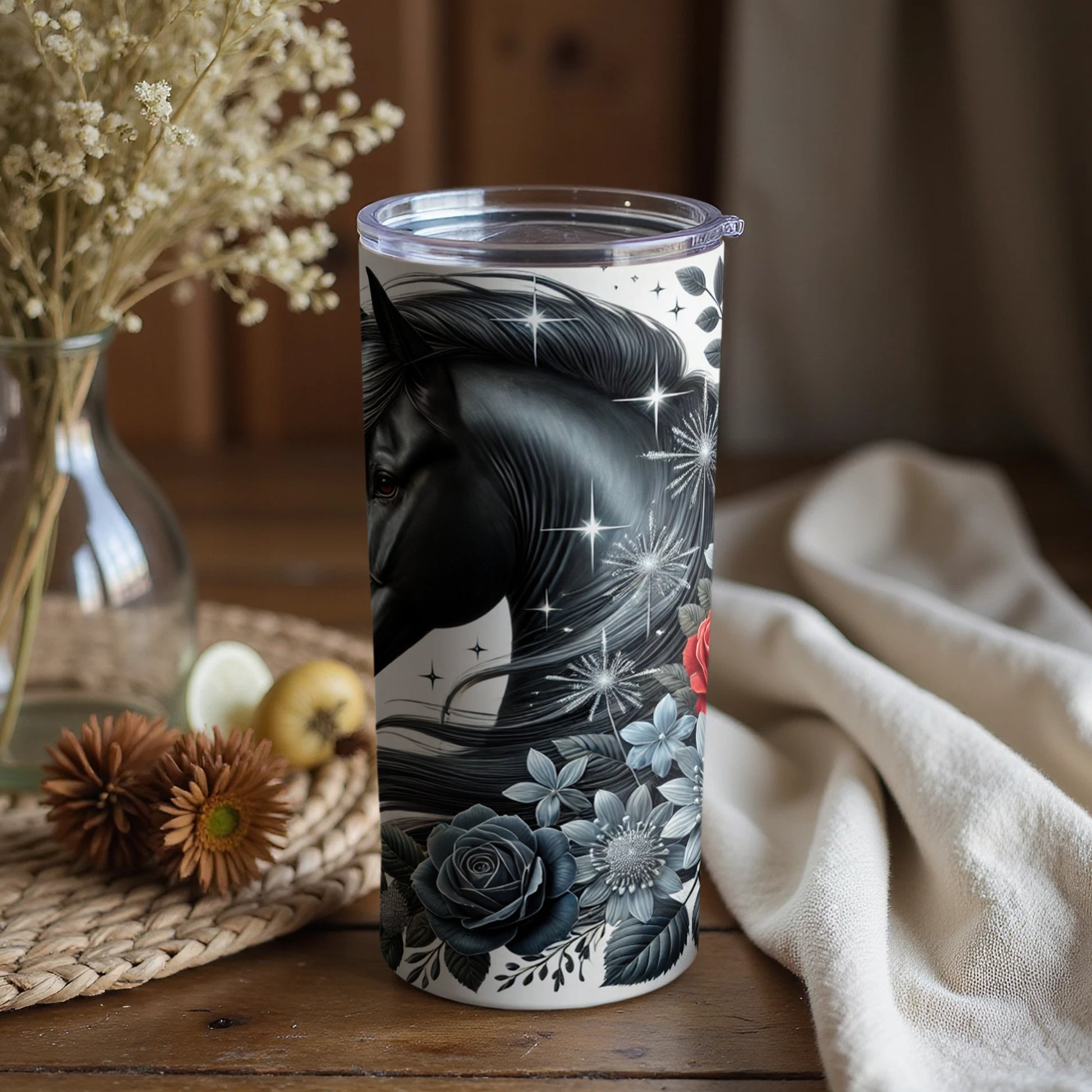 Black Horse and Floral Design Tumbler with Lid Cup
