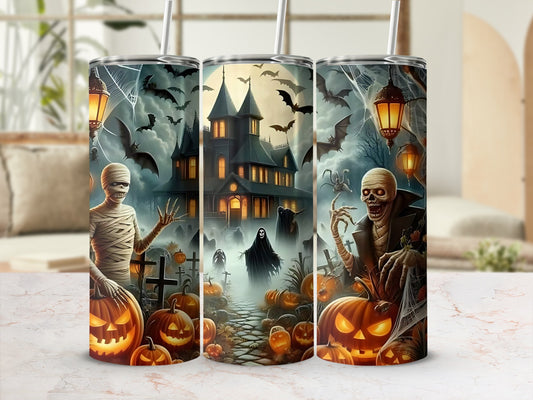 Halloween tumbler with mummy, skeleton, ghost, haunted house, pumpkins, and bats.