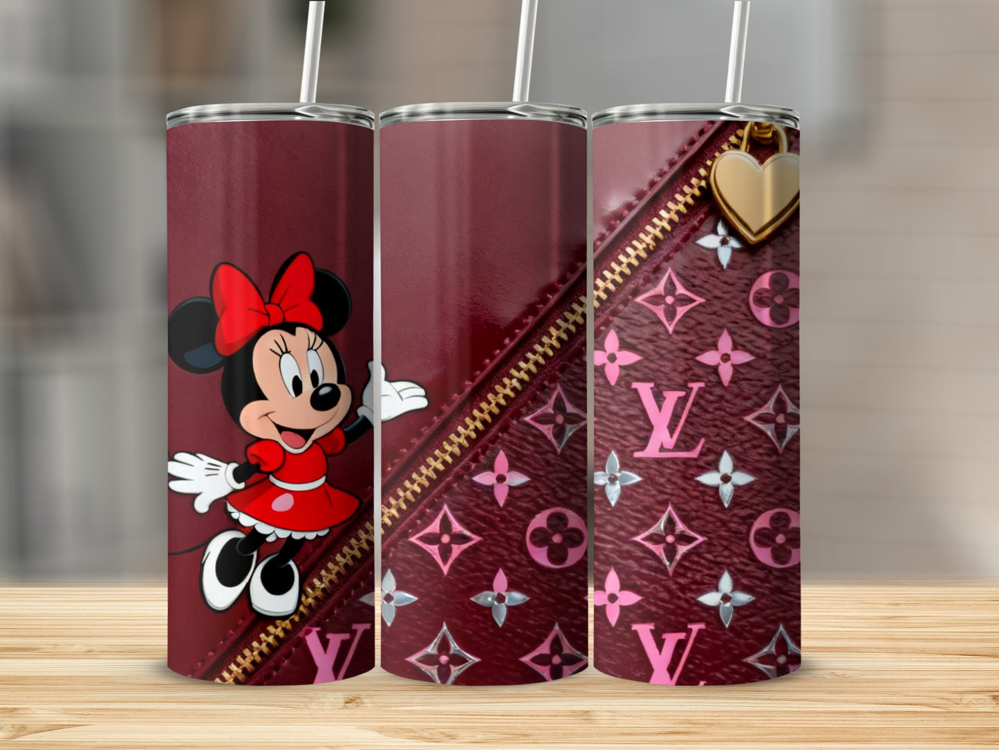 Minnie Mouse and LV monogram pattern on a wine-colored tumbler.