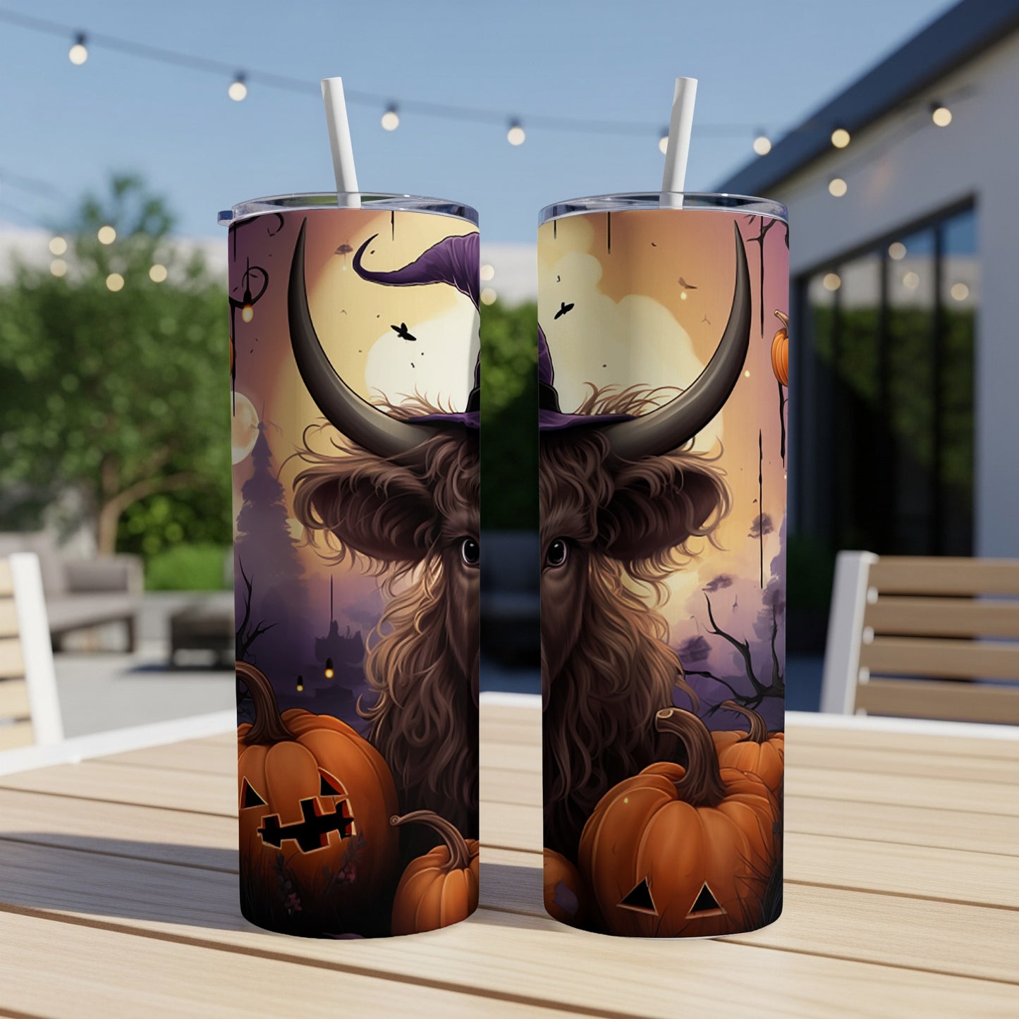 Halloween tumblers with a shaggy bull and pumpkins with straws.