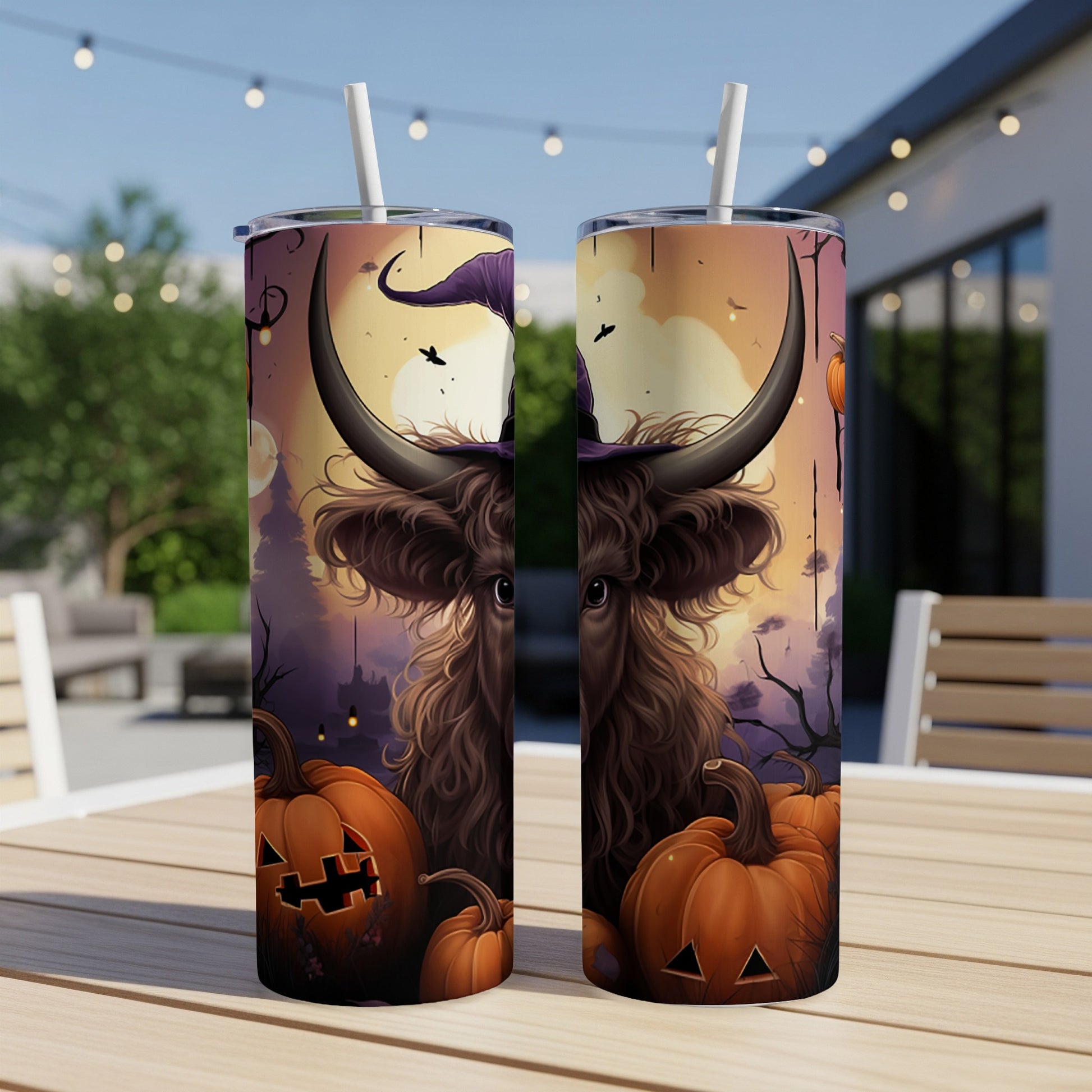 Halloween tumblers with a shaggy bull and pumpkins with straws.