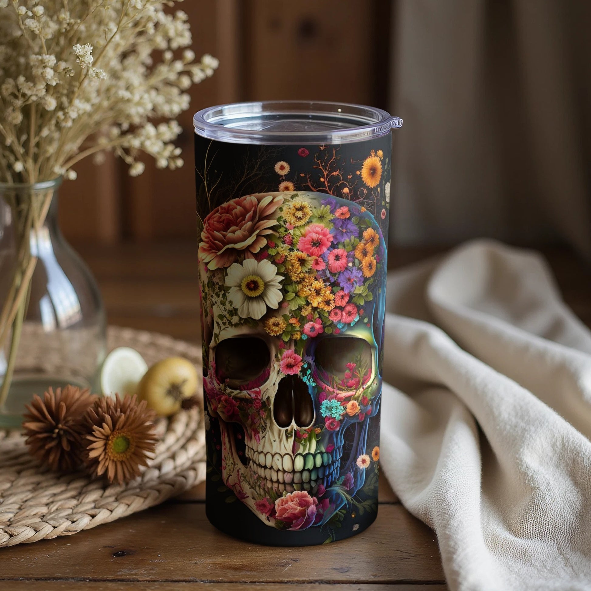 Floral Skull Tumbler with Colorful Flowers Design