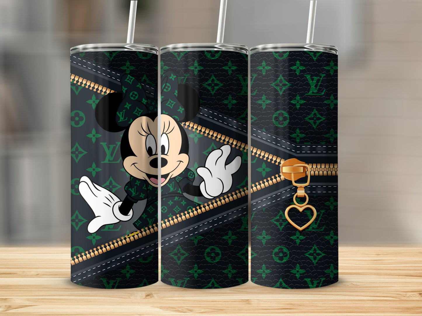 Mickey Mouse on a black and green LV-print tumbler with gold zipper detail.