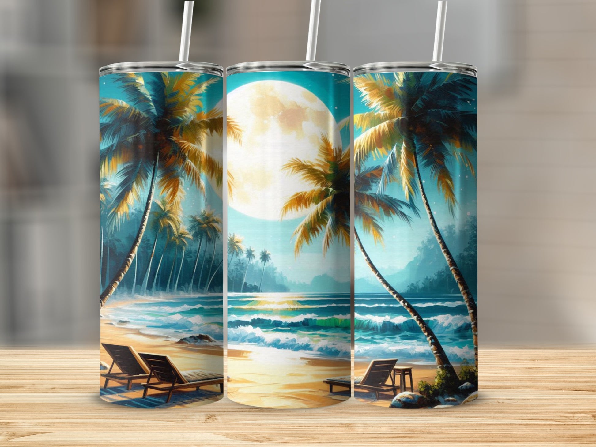 Triptych of a tropical beach at sunset with palm trees and lounge chairs.