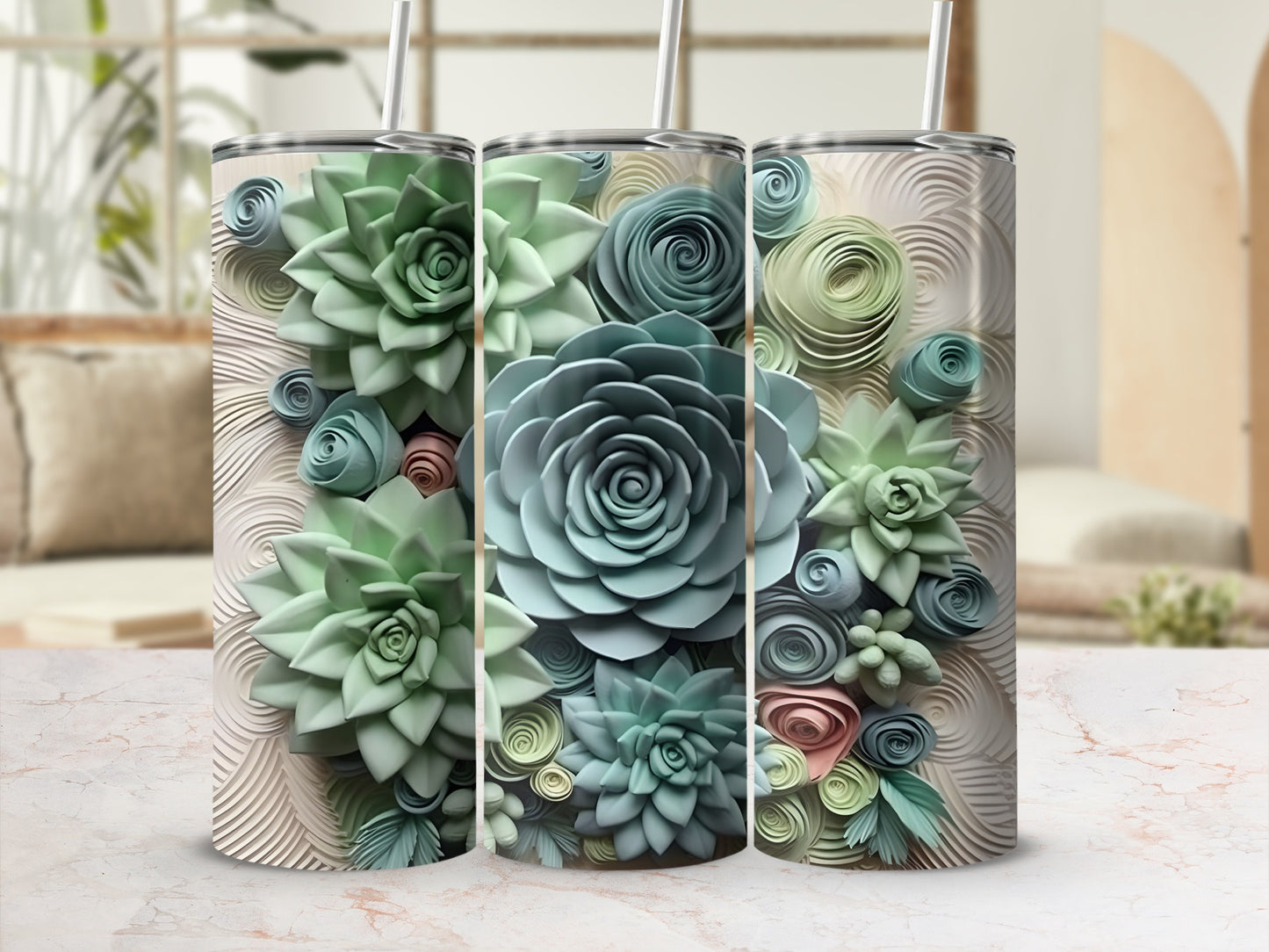 Succulent Flower Themed Design Tumbler with Straw