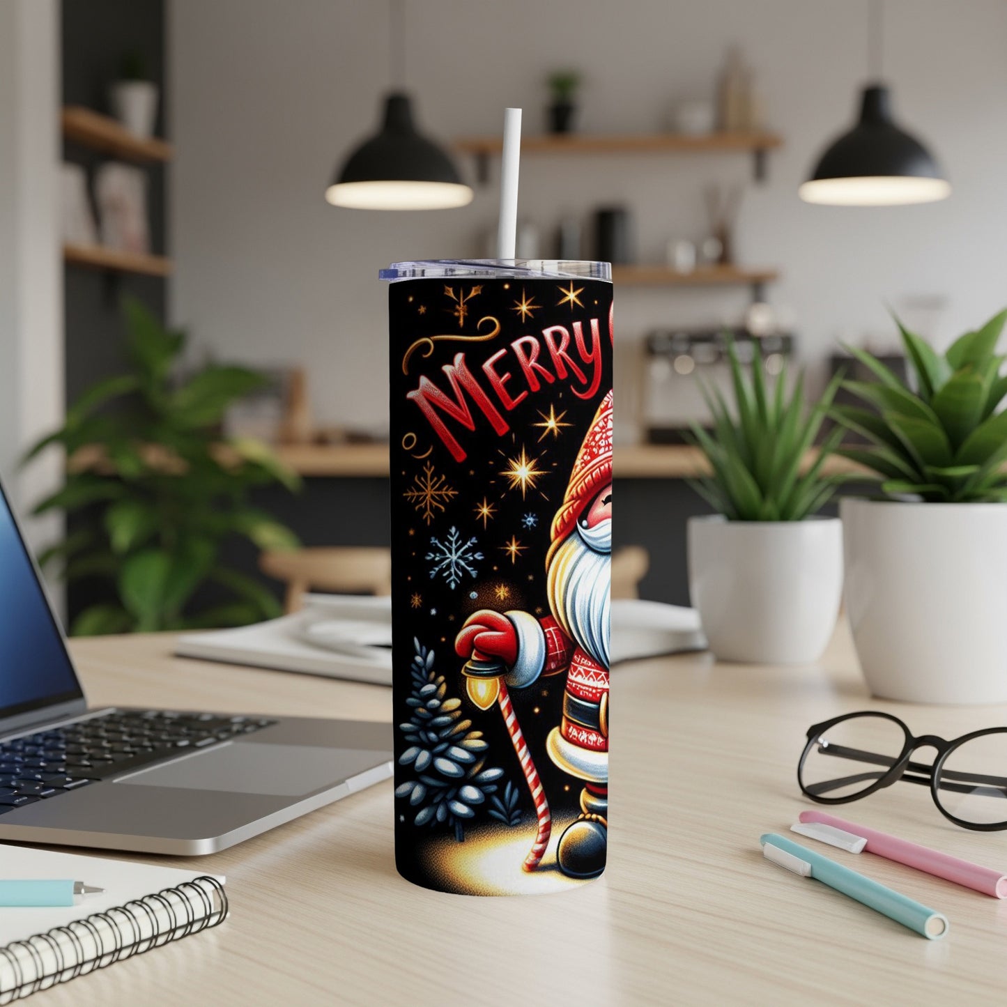 Santa Claus with candy cane and snowflakes on a festive tumbler.